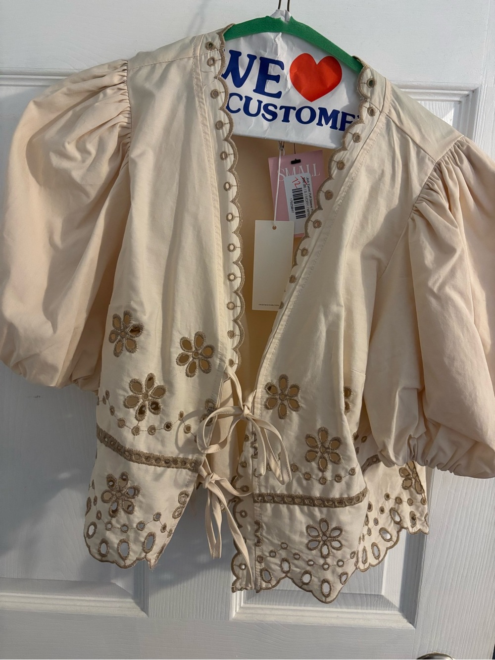 Moon River Eyelet Tie-Front Puff Sleeve Top
